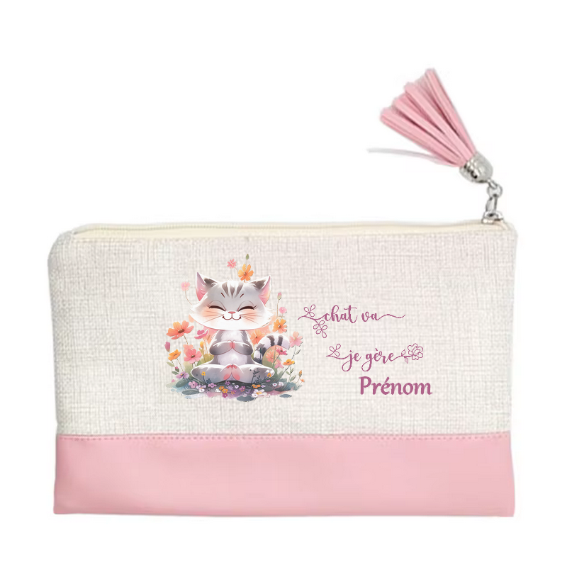Pochette personnalisée motif chat yoga en toile et simili cuir personnalisée