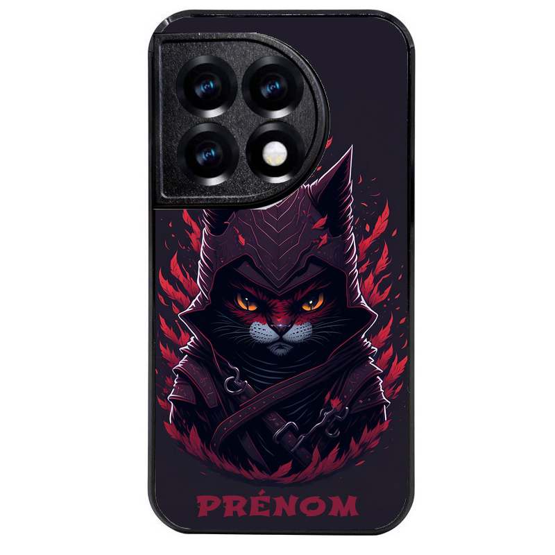 Coque noire taperso pour OnePlus 11 et 12 avec motif chat samourai personnalise protection antichoc personnalisée