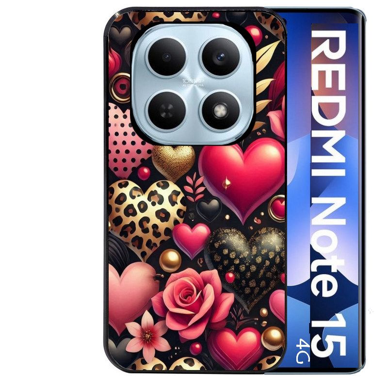 Coque noire taperso pour Redmi Note 15 et PRO PLUS 4G 5G avec motif coeur et leopard protection antichoc personnalisée