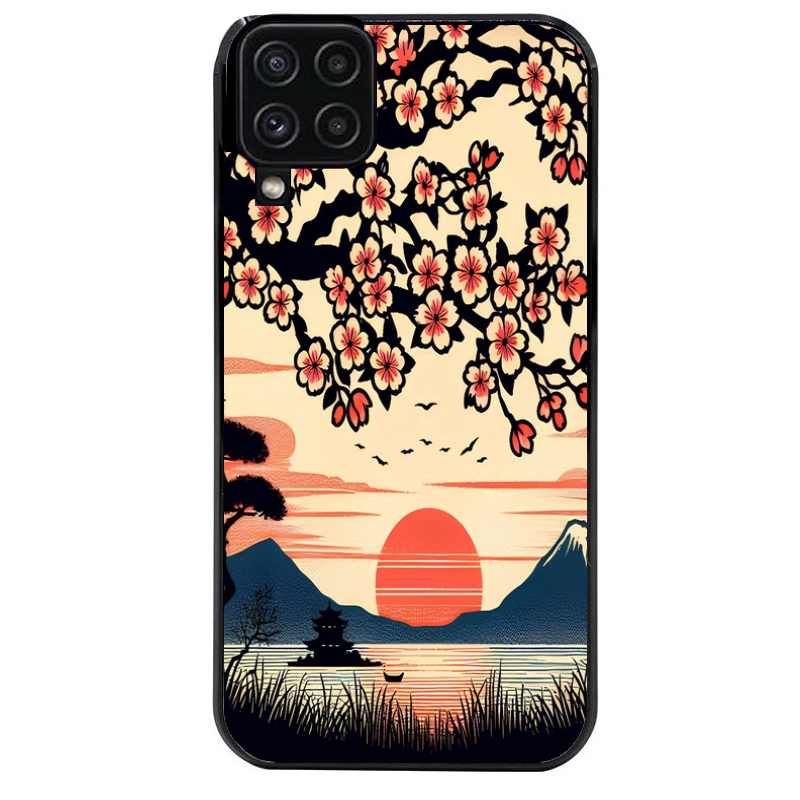 Coque noire taperso pour galaxy A22 A32 A52 A52S 4G 5G  avec motif japan cerisier protection antichoc personnalisée
