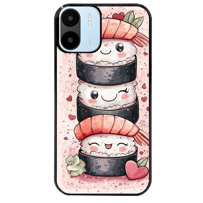 Coque noire taperso pour Redmi A1 et A2 avec motif sushi kawai anime protection antichoc personnalisée