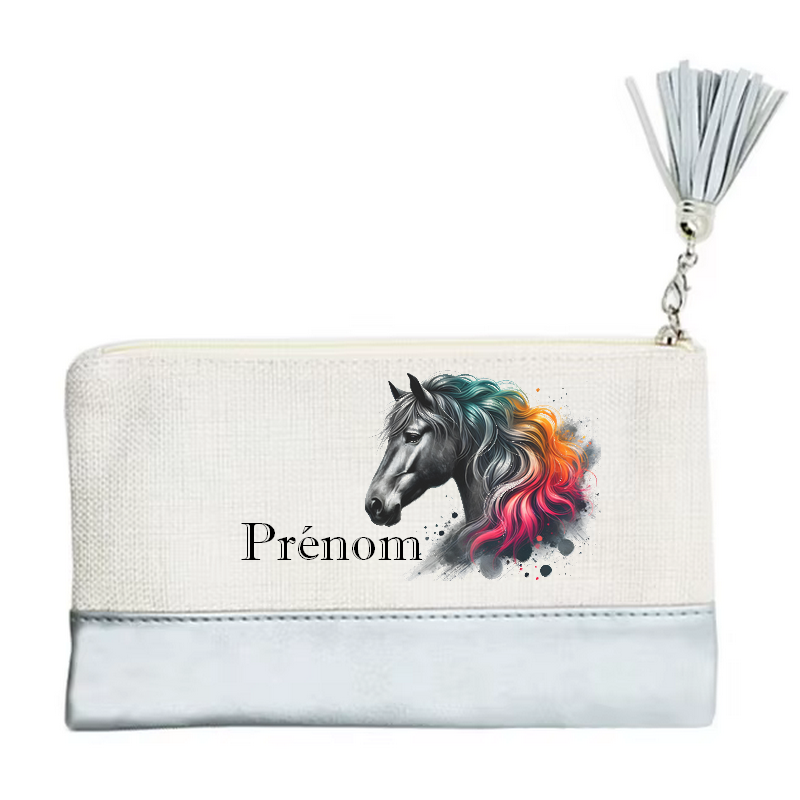 Pochette personnalisée motif cheval color en toile et simili cuir personnalisée
