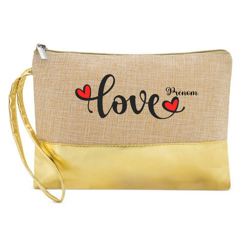 Pochette personnalisée love petit cœur en jute et doré en jute et doré