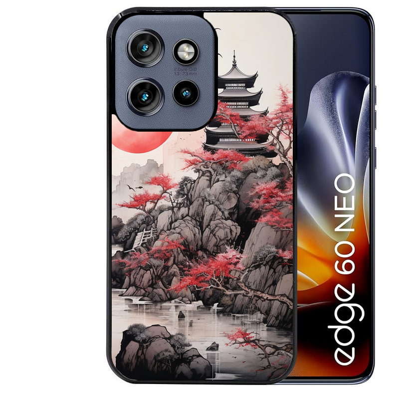 Coque noire taperso pour Moto Edge 60 et Neo Fusion Pro avec motif japan et temple protection antichoc personnalisée