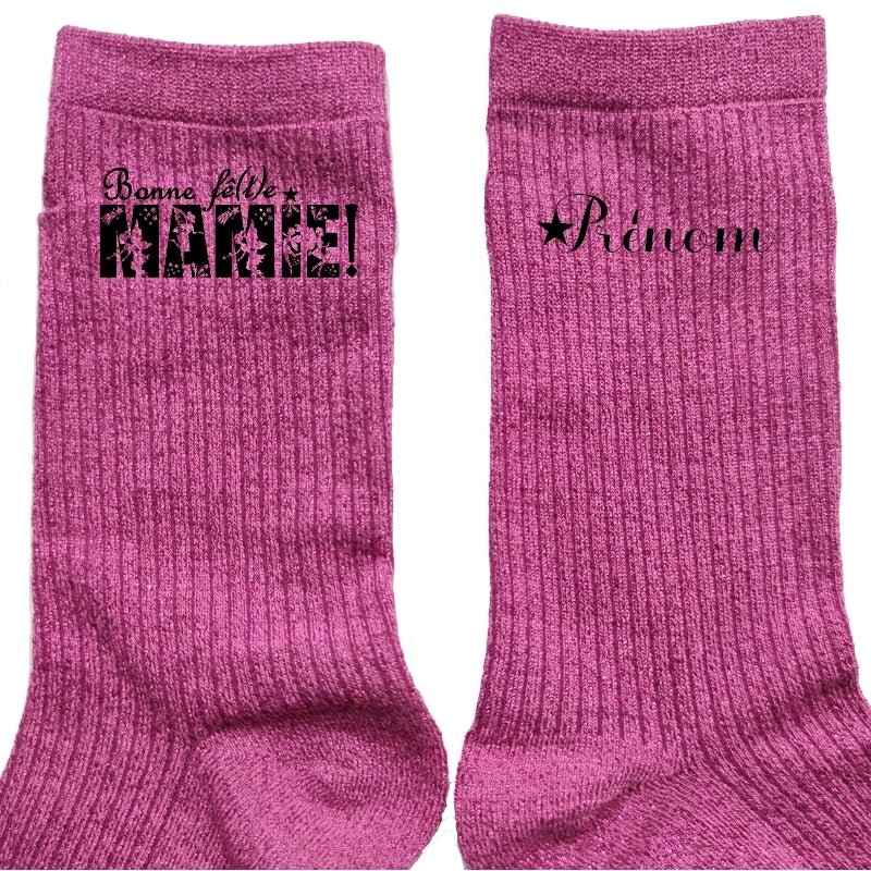 Chaussettes personnalisée paillettes rose motif bonne fëte mamie