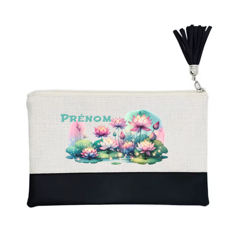 Pochette personnalisée motif fleur lotus en toile et simili cuir personnalisée