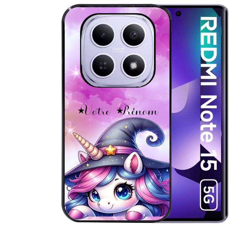 Coque noire taperso pour Redmi Note 15 et PRO PLUS 4G 5G avec motif licorne magic avec prenom protection antichoc personnalisée