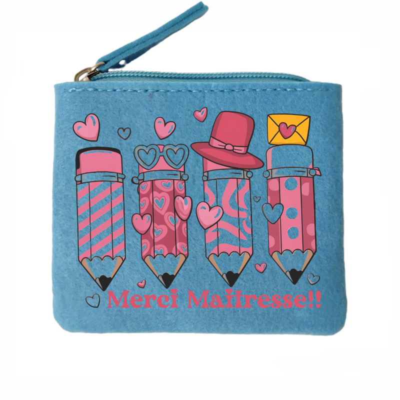 Porte monnaie personnalisé maitresse crayons en feutrine en feutrine