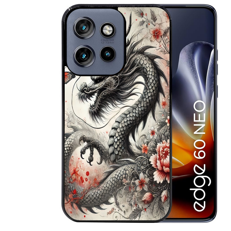 Coque noire taperso pour Moto Edge 60 et Neo Fusion Pro avec motif dragon japan protection antichoc personnalisée