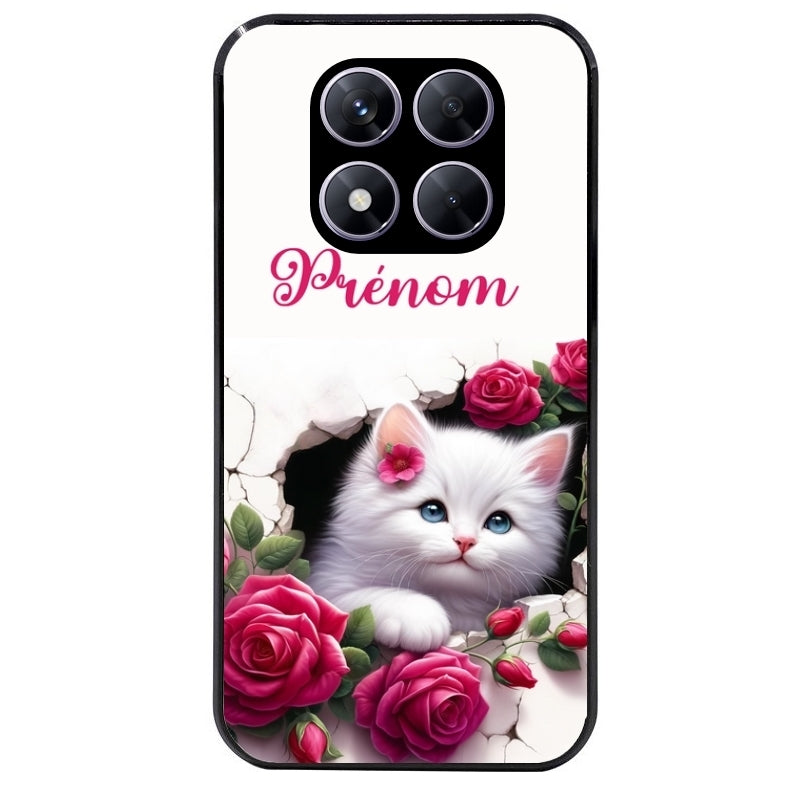 Coque noire taperso pour Redmi Note 14 et PRO PLUS 4G 5G avec motif chat fleurs personnalisee protection antichoc personnalisée