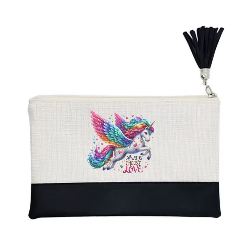 Pochette motif licorne love en toile et simili cuir