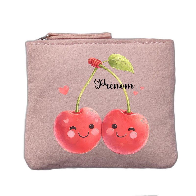Porte monnaie personnalisé motif cerise love rose clair en feutrine en feutrine