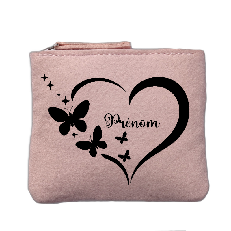 Porte monnaie personnalisé motif coeur papillon rose clair en feutrine en feutrine