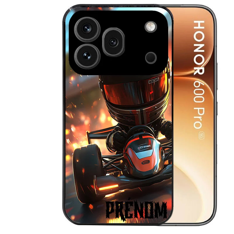 Coque noire taperso pour Honor 600 et 600 PRO avec motif karting f1 personnalisee protection antichoc personnalisée