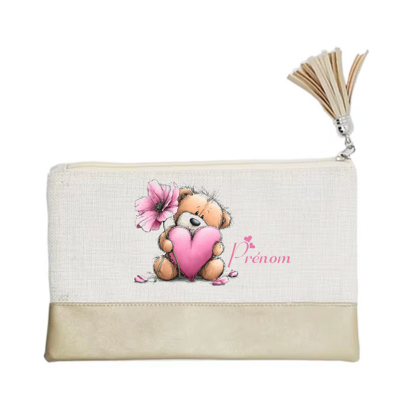 Pochette personnalisée motif ourson fleur en toile et simili cuir personnalisée