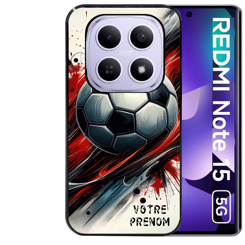 Coque noire taperso pour Redmi Note 15 et PRO PLUS 4G 5G avec motif ballon foot avec prenom protection antichoc personnalisée