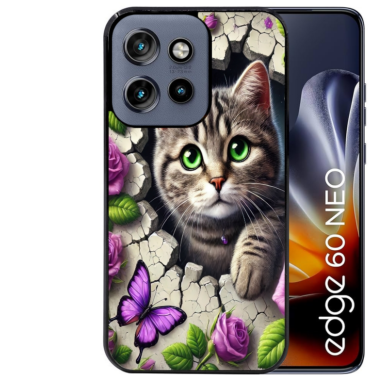 Coque noire taperso pour Moto Edge 60 et Neo Fusion Pro avec motif chat papillon 3 protection antichoc personnalisée