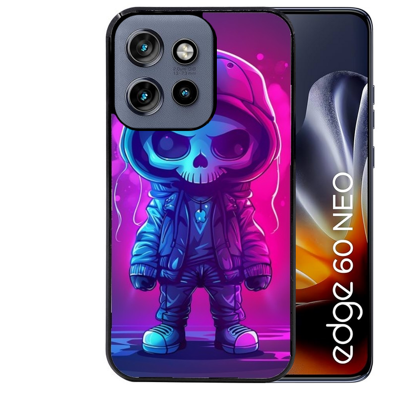 Coque noire taperso pour Moto Edge 60 et Neo Fusion Pro avec motif tete de mort skull fluo protection antichoc personnalisée