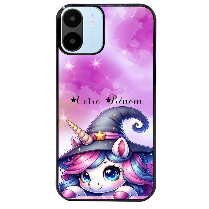 Coque noire taperso pour Redmi A1 et A2 avec motif licorne magic avec prenom protection antichoc personnalisée