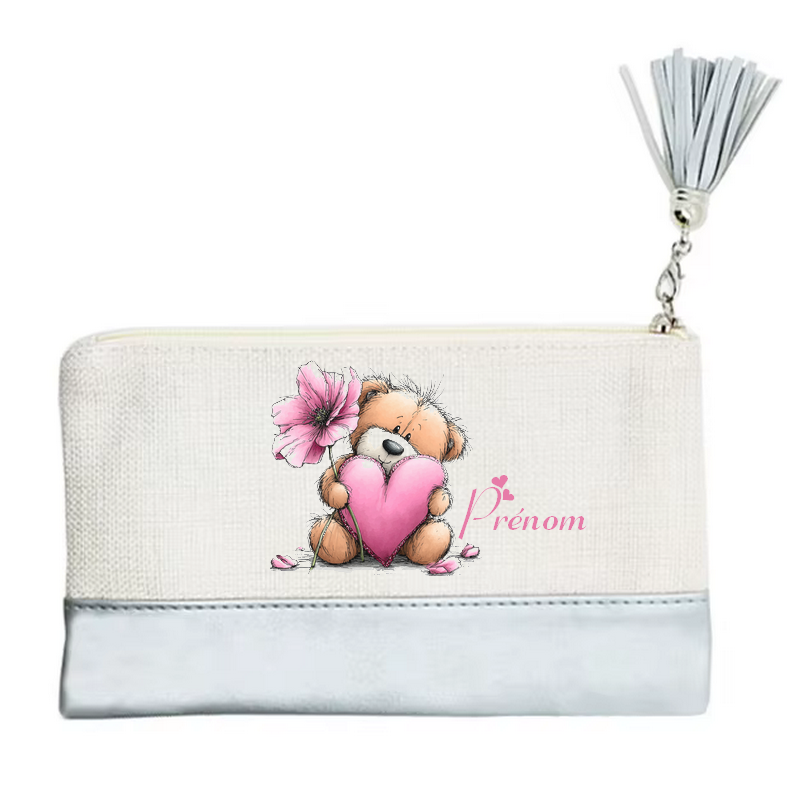Pochette personnalisée motif ourson fleur en toile et simili cuir personnalisée