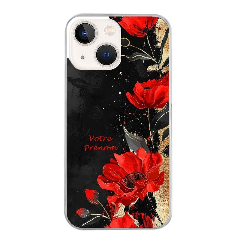 Coque taperso pour Iphone 15 et PRO PLUS PRO MAX avec motif fleur rouge avec prenom protection antichoc personnalisée