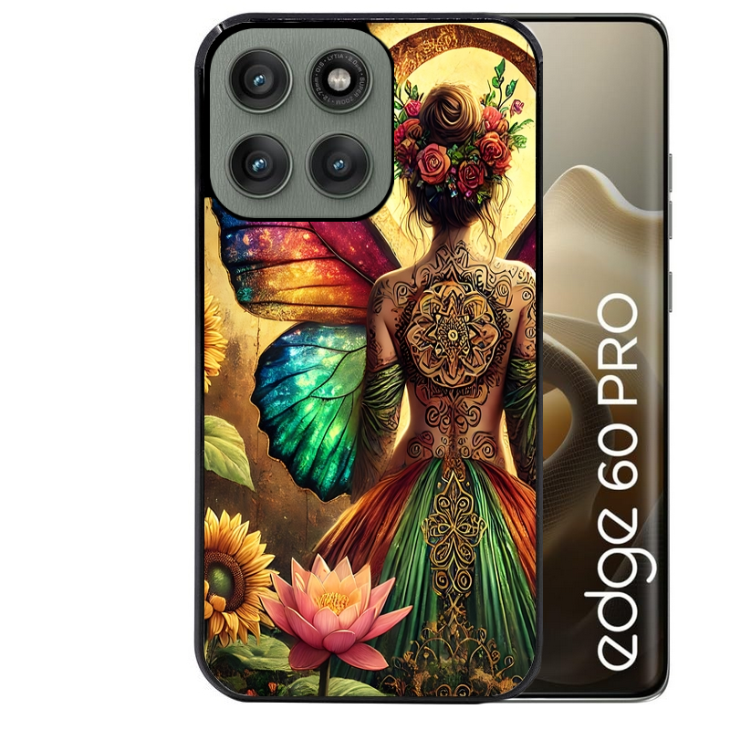 Coque noire taperso pour Moto Edge 60 et Neo Fusion Pro avec motif fee et fleurs protection antichoc personnalisée