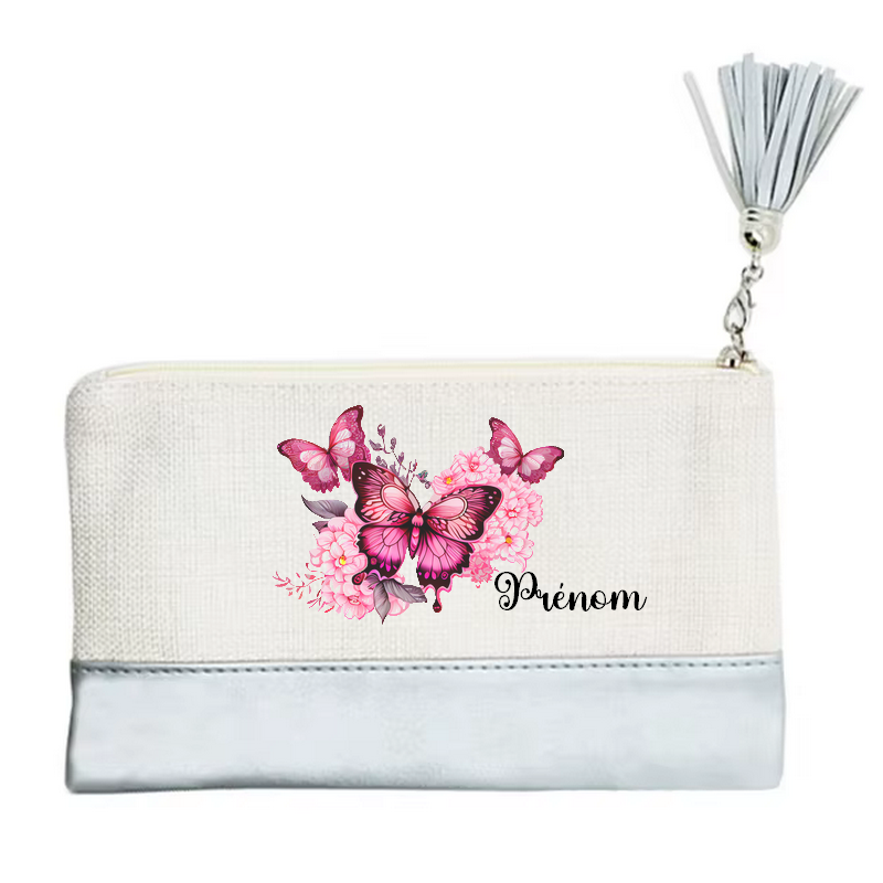 Pochette personnalisée motif papillon fleur en toile et simili cuir personnalisée