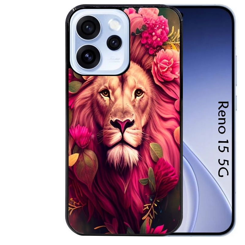 Coque noire taperso pour OPPO Reno 15 et F FS 5G avec motif lion et fleurs rose protection antichoc personnalisée