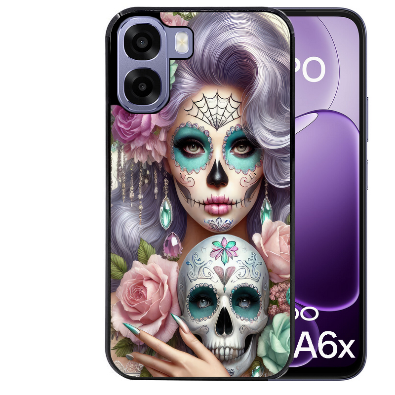 Coque noire taperso pour OPPO A6 A6X 4G et 5G avec motif tete de mort calavera bijoux protection antichoc personnalisée