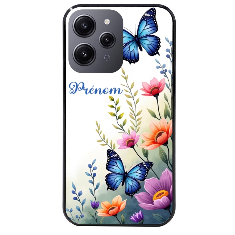 Coque noire taperso pour Redmi 12 4G et 5G avec motif papillon prenom personnalisee protection antichoc personnalisée