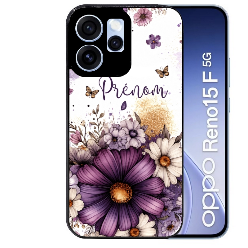 Coque noire taperso pour OPPO Reno 15 et F FS 5G avec motif fleur violette personnalisee protection antichoc personnalisée
