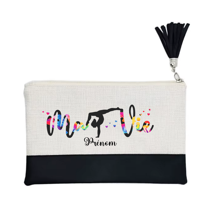 Pochette personnalisée de maquillage maniques Taperso argent avec motif gym ma vie en toile et simili cuir personnalisée