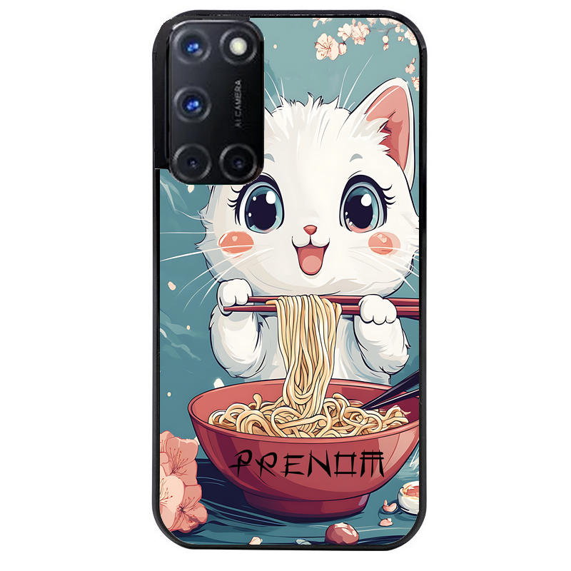 Coque noire taperso pour OPPO A72 4G avec motif chat ramen cerisier protection antichoc personnalisée