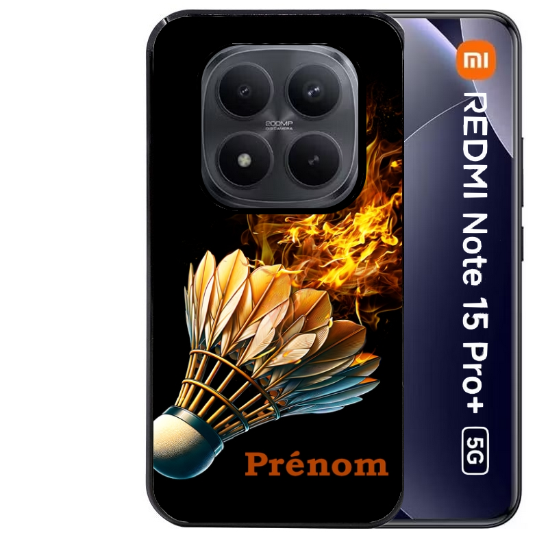 Coque noire taperso pour Redmi Note 15 et PRO PLUS 4G 5G avec motif badminton flamme personnalise protection antichoc personnalisée