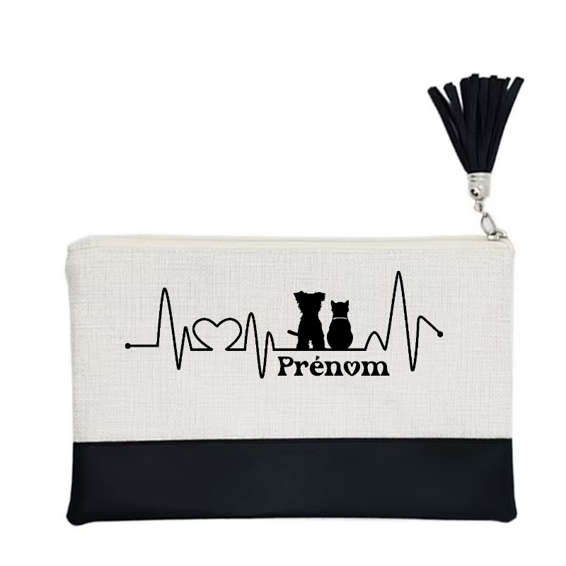 Pochette personnalisée motif chat et chien love en toile et simili cuir personnalisée