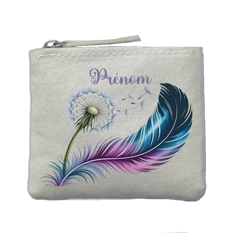 Porte monnaie personnalisé plume fleurs ivoire en feutrine en feutrine ivoire