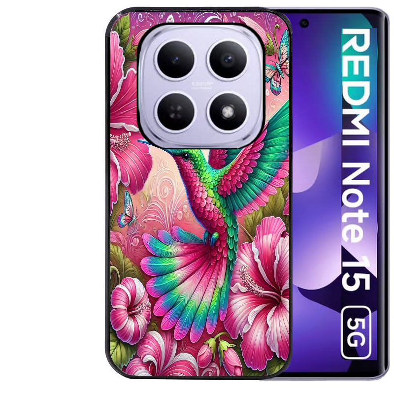 Coque noire taperso pour Redmi Note 15 et PRO PLUS 4G 5G avec motif colibri et fleurs protection antichoc personnalisée