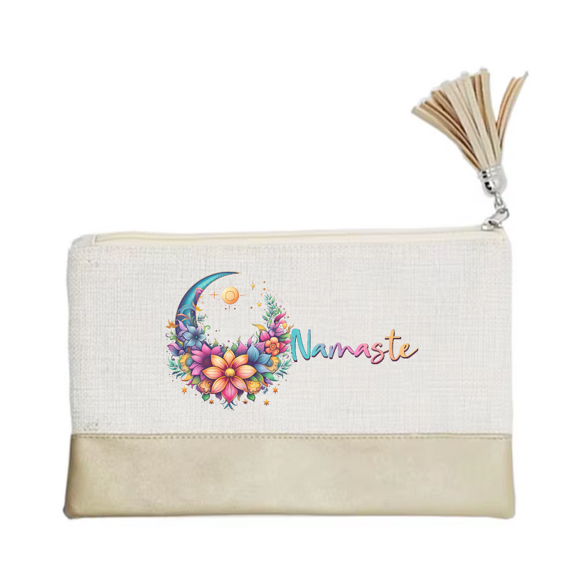 Pochette motif namaste lune en toile et simili cuir