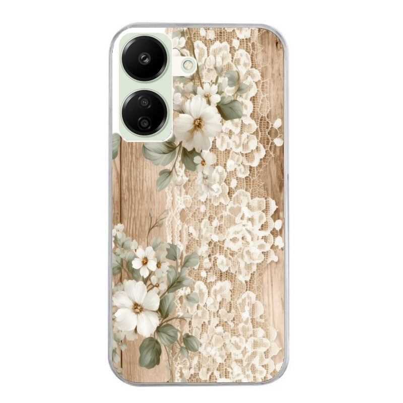 Coque taperso pour POCO C65 4G avec motif bois et dentelle 1 protection antichoc personnalisée