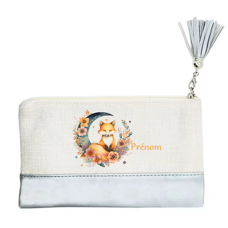 Pochette personnalisée motif fox renard lune en toile et simili cuir personnalisée
