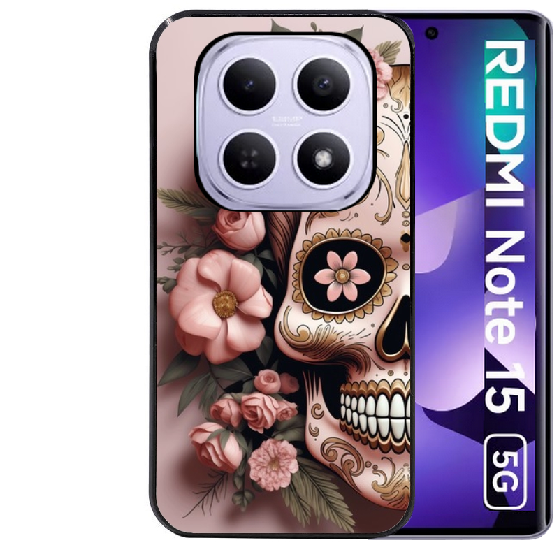Coque noire taperso pour Redmi Note 15 et PRO PLUS 4G 5G avec motif tete de mort calavera rose protection antichoc personnalisée