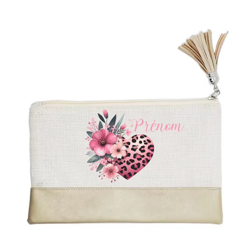 Pochette personnalisée motif cœur leopard en toile et simili cuir personnalisée
