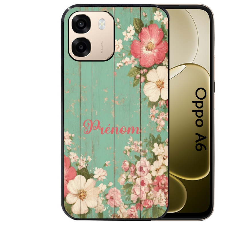 Coque noire taperso pour OPPO A6 A6X 4G et 5G avec motif bois et fleur avec votre prenom protection antichoc personnalisée