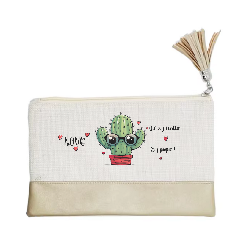 Pochette motif cactus love en toile et simili cuir