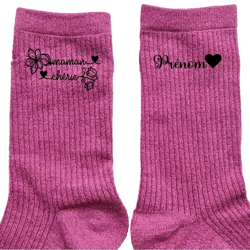 Chaussettes personnalisée paillettes rose motif maman chérie