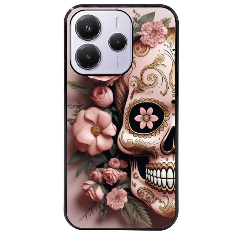Coque noire taperso pour Redmi Note 14 et PRO PLUS 4G 5G avec motif tete de mort calavera rose protection antichoc personnalisée