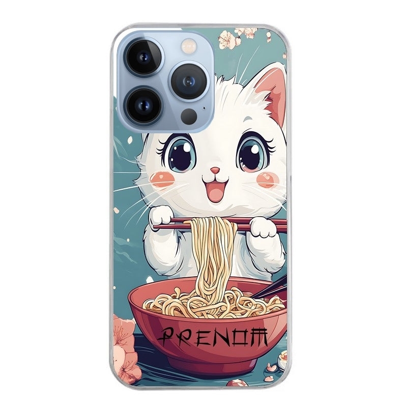 Coque taperso pour Iphone 12 et PRO MINI PRO MAX avec motif chat ramen cerisier protection antichoc personnalisée