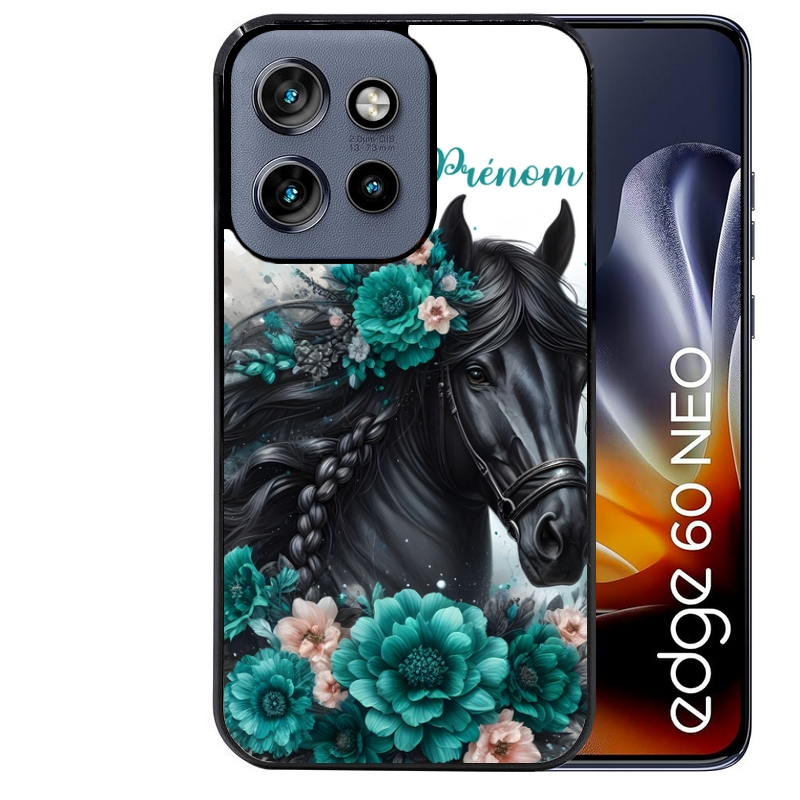 Coque noire taperso pour Moto Edge 60 et Neo Fusion Pro avec motif cheval et fleurs personnalisee protection antichoc personnalisée