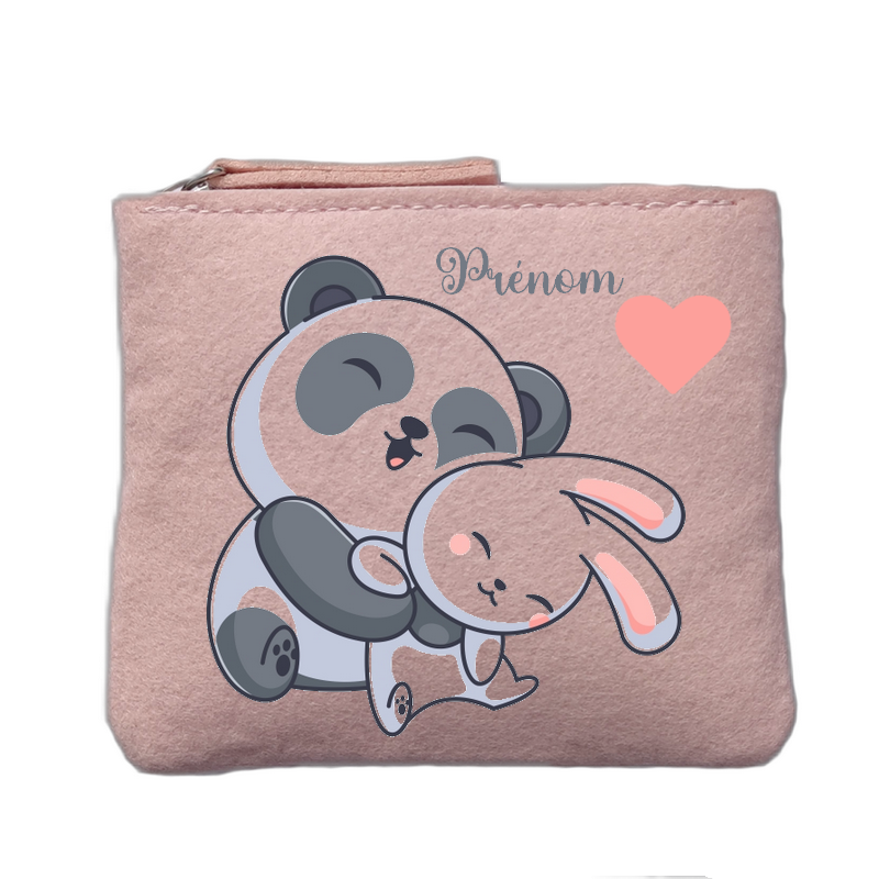 Porte monnaie personnalisé motif panda lapin rose clair en feutrine en feutrine