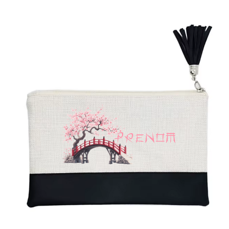 Pochette personnalisée motif japan cerisier en toile et simili cuir personnalisée